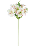 Fleur artificielle Alstroemeria 47 cm de couleur crème avec des pétales de couleur crème et de subtiles taches rouges, complétées par des feuilles vertes sur une seule tige verte, représentée sur un fond blanc.