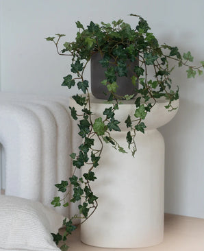 Un lierre artificiel Deluxe Green, un lierre suspendu de 90 cm dans un pot gris, se dresse sur une base sculpturale blanche et moderne à côté d'une couverture blanche pliée et d'un coussin structuré blanc.