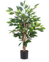 La plante artificielle Ficus Green 90 cm a plusieurs tiges brunes et des feuilles vertes luxuriantes dans un simple pot noir - idéale comme plante de bureau élégante.