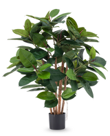 La plante artificielle en caoutchouc de luxe de 90 cm a plusieurs tiges en bois et de grandes feuilles vertes brillantes dans un pot noir - idéal pour ajouter une élégance réaliste à n'importe quelle pièce.