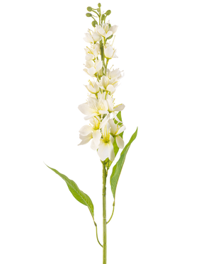 La fleur artificielle pomme asiatique 84 cm crème possède une longue tige avec plusieurs fleurs délicates de couleur crème et de longues feuilles vertes étroites sur un fond blanc uni.