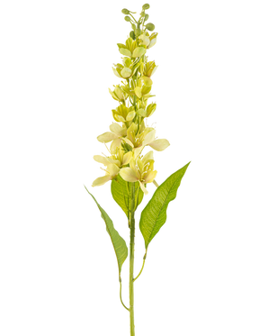 La fleur artificielle pomme asiatique 84 cm verte a une seule tige haute avec plusieurs fleurs jaune clair et des feuilles vertes allongées, représentées sur un fond blanc.