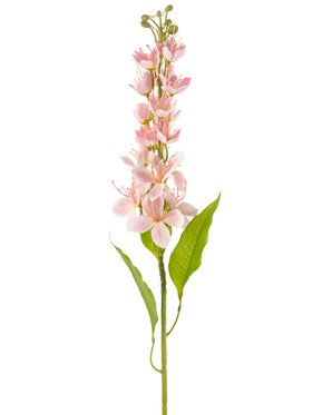 Une seule fleur artificielle pomme asiatique de 84 cm rose avec des fleurs rose pâle et de fines feuilles vertes, disposées verticalement sur un fond blanc.