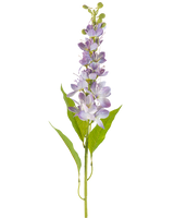 La fleur artificielle pomme asiatique 84 cm lavande a une tige unique avec des feuilles vertes allongées et de multiples petites fleurs violet clair qui se dressent verticalement le long de la tige, isolées sur un fond blanc.