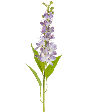 La fleur artificielle pomme asiatique 84 cm lavande a une tige unique avec des feuilles vertes allongées et de multiples petites fleurs violet clair qui se dressent verticalement le long de la tige, isolées sur un fond blanc.