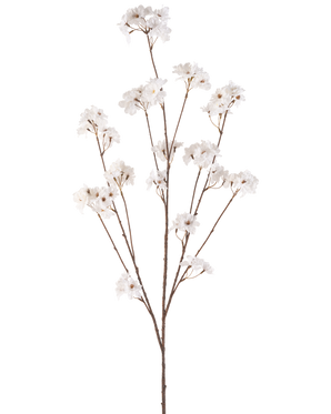 La Fleur de Cerisier Artificielle 130 cm crème possède une seule tige marron qui se ramifie en plusieurs tiges fines, chacune décorée de bouquets de petites et délicates fleurs de cerisier crème sur un fond blanc uni.