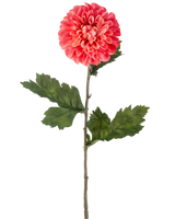 La Fleur Artificielle Dahlia 75 cm rouge est une seule fleur de dahlia rouge artificielle avec des pétales superposés et plusieurs feuilles vertes sur une longue tige verte, isolée sur fond blanc.