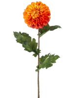 La Fleur Artificielle Dahlia 75 cm orange a un seul dahlia orange avec des pétales superposés, des feuilles vertes et une longue tige brune, sur un fond blanc uni.