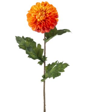 La Fleur Artificielle Dahlia 75 cm orange a un seul dahlia orange avec des pétales superposés, des feuilles vertes et une longue tige brune, sur un fond blanc uni.