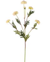 La fleur artificielle Pompon chrysanthème 69 cm crème/rose a une tige unique avec de multiples fleurs rose crème ressemblant à des marguerites et des feuilles vertes en forme de fougère sur un fond blanc uni.