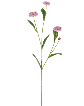 La fleur artificielle Summer Aster 57 cm mauve a une longue tige verte mince avec trois fleurs mauves ressemblant à des marguerites et des feuilles vertes allongées qui se ramifient, le tout sur un fond blanc uni.