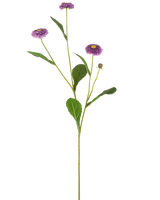 Une grille d'été de fleurs artificielles de 57 cm avec une seule tige verte, trois fleurs violettes ressemblant à des marguerites avec un cœur jaune et un certain nombre de feuilles vertes, représentées sur un fond blanc uni.