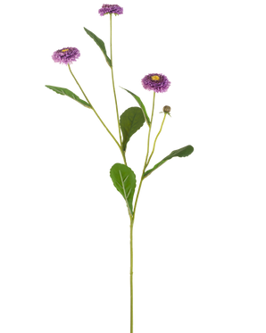 Une grille d'été de fleurs artificielles de 57 cm avec une seule tige verte, trois fleurs violettes ressemblant à des marguerites avec un cœur jaune et un certain nombre de feuilles vertes, représentées sur un fond blanc uni.