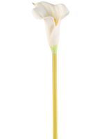 La Fleur Artificielle Calla 64 cm crème est un simple lys calla artificiel blanc avec une longue tige jaune, sur un fond blanc uni.