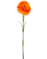 L'Oeillet Fleur Artificielle 57 cm orange est un oeillet artificiel orange avec des volants dans les pétales et une longue tige verte, isolé sur fond blanc.