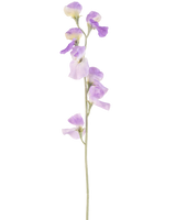Une seule fleur artificielle de pois lilas de 64 cm avec de délicats pétales violet clair et des feuilles vertes, isolées sur un fond blanc.
