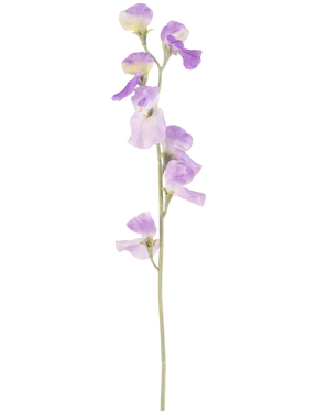 Une seule fleur artificielle de pois lilas de 64 cm avec de délicats pétales violet clair et des feuilles vertes, isolées sur un fond blanc.