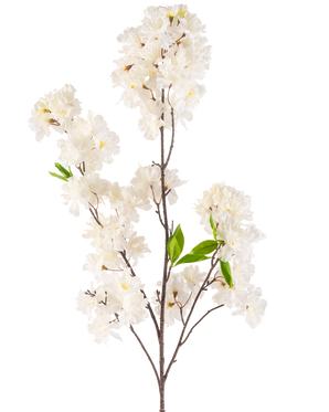Une fleur de cerisier artificielle de 119 cm crème avec des grappes de fleurs blanches délicates et quelques feuilles vert vif sur de fines tiges brunes, isolées sur un fond blanc.