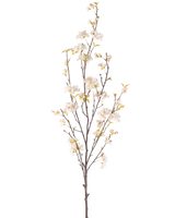 La Fleur de Cerisier Artificielle 150 cm crème possède une branche haute avec plusieurs tiges fines, de petites fleurs de cerisier blanches et des feuilles vertes éparses, le tout sur un fond blanc uni.