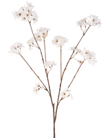 La Fleur de Cerisier Artificielle 114 cm crème a une tige brune qui se ramifie en tiges plus petites, chacune décorée de délicates fleurs artificielles dans une teinte blanc crème, sur un fond blanc uni.