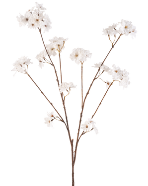 La Fleur de Cerisier Artificielle 114 cm crème a une tige brune qui se ramifie en tiges plus petites, chacune décorée de délicates fleurs artificielles dans une teinte blanc crème, sur un fond blanc uni.