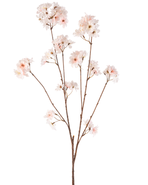 La Fleur Artificielle Fleur de Cerisier 114 cm blush possède une seule tige marron avec plusieurs branches surmontées de délicates fleurs de cerisier rose blush, joliment isolées sur un fond blanc.