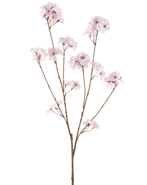 La Fleur de Cerisier Artificielle 114 cm rose clair possède une seule branche marron avec de multiples tiges fines, chacune décorée de bouquets de délicates fleurs de cerisier rose clair, sur un fond blanc uni.