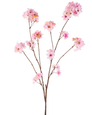 La Fleur de Cerisier Artificielle 114 cm rose possède plusieurs fines tiges brunes avec des bouquets de fleurs de cerisier rose tendre sur un fond blanc uni.