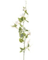La fleur artificielle de liseron blanc de 122 cm a une tige unique avec de petites fleurs blanches, des feuilles vertes et des vrilles enroulées sur un fond blanc uni.