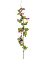La fleur artificielle de liseron mauve de 122 cm a une seule tige verte haute avec de multiples fleurs de gloire du matin mauves et blanches et des feuilles vertes sur toute sa longueur, sur un fond blanc.