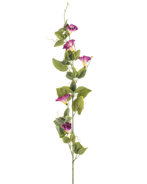 La fleur artificielle de liseron mauve de 122 cm a une seule tige verte haute avec de multiples fleurs de gloire du matin mauves et blanches et des feuilles vertes sur toute sa longueur, sur un fond blanc.