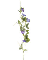 La Fleur Artificielle Liseron 122 cm violet a une longue tige verte avec plusieurs feuilles vertes et des fleurs artificielles violettes en forme de trompette, disposées verticalement sur un fond blanc uni.