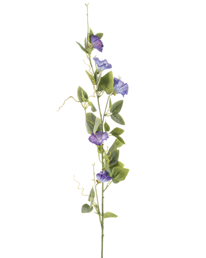 La Fleur Artificielle Liseron 122 cm violet a une longue tige verte avec plusieurs feuilles vertes et des fleurs artificielles violettes en forme de trompette, disposées verticalement sur un fond blanc uni.