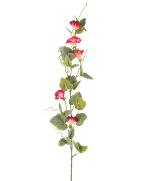 Une seule tige de fleur artificielle de liseron de 122 cm rouge, avec plusieurs fleurs artificielles rouges et feuilles vertes sur un fond blanc uni.