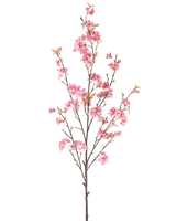 La Fleur de Cerisier Artificielle 150 cm rose possède une seule branche marron aux multiples tiges fines, décorée de bouquets de délicates fleurs de cerisier roses et de quelques feuilles vertes, isolées sur un fond blanc.