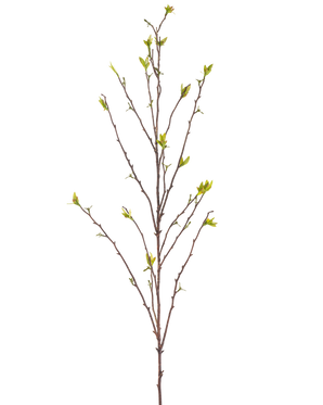La Branche Artificielle Winterzoet 107 cm vert possède une seule branche nue avec de fines branches et de petites feuilles vertes aux extrémités, sur un fond uni blanc.