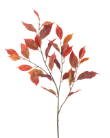 La fleur artificielle feuille d'orme 113 cm rouge a plusieurs tiges fines avec des feuilles d'automne rouge vif et orange, isolées sur un fond blanc.