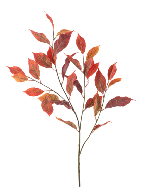La fleur artificielle feuille d'orme 113 cm rouge a plusieurs tiges fines avec des feuilles d'automne rouge vif et orange, isolées sur un fond blanc.