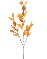 La Fleur Artificielle Feuille de Citron 107 cm jaune possède une seule branche marron avec des grappes de feuilles d'automne jaunes, isolées sur un fond blanc.