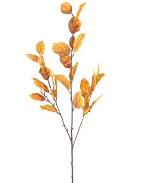 La Fleur Artificielle Feuille de Citron 107 cm jaune possède une seule branche marron avec des grappes de feuilles d'automne jaunes, isolées sur un fond blanc.