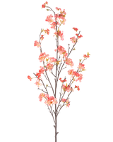 La Fleur de Cerisier Artificielle 150 cm pêche a une seule branche haute avec de multiples tiges fines, décorée de grappes de petites fleurs roses et rouges et de quelques feuilles vertes, sur un fond blanc uni.