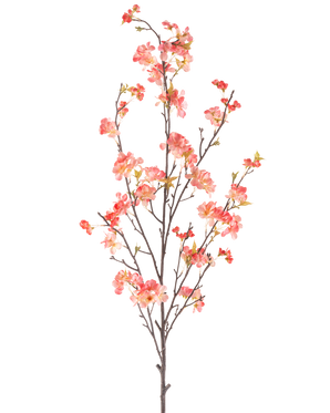 La Fleur de Cerisier Artificielle 150 cm pêche a une seule branche haute avec de multiples tiges fines, décorée de grappes de petites fleurs roses et rouges et de quelques feuilles vertes, sur un fond blanc uni.