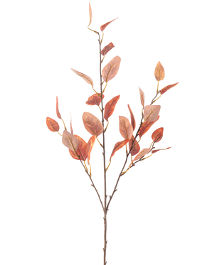 Une seule fleur d'eucalyptus artificielle de 104 cm avec plusieurs tiges fines et des feuilles d'automne ovales rouges, sur un fond blanc uni.