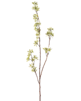 La Fleur Artificielle Flowers 102 cm verte possède une seule tige haute avec plusieurs pousses fines, décorées de bouquets de petites fleurs blanches et vert clair, sur un fond uni blanc.