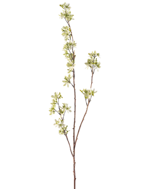 La Fleur Artificielle Flowers 102 cm verte possède une seule tige haute avec plusieurs pousses fines, décorées de bouquets de petites fleurs blanches et vert clair, sur un fond uni blanc.