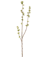 La Jardinière à Semences Branches Artificielles 104 cm crème possède une seule branche marron avec de petites feuilles vertes et des bouquets de petites fleurs blanches sur un fond uni blanc.