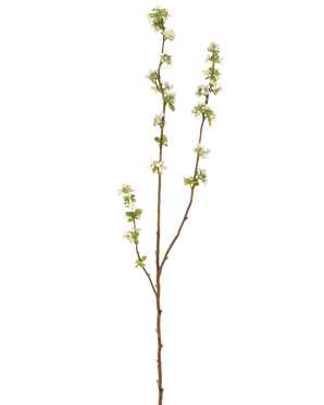 La Jardinière à Semences Branches Artificielles 104 cm crème possède une seule branche marron avec de petites feuilles vertes et des bouquets de petites fleurs blanches sur un fond uni blanc.