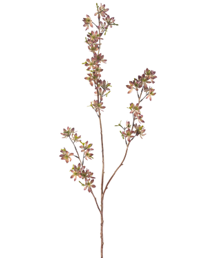La Fleur Artificielle Flowers 102 cm violet/vert possède une seule tige marron avec de multiples branches, chacune décorée de petites feuilles tachetées violettes et vertes, sur un fond uni blanc.