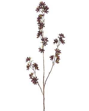 La fleur artificielle Flowers 102 cm bordeaux possède une branche haute avec plusieurs tiges fines, chacune avec de petites fleurs bordeaux foncé et quelques feuilles vertes, sur un fond uni blanc.
