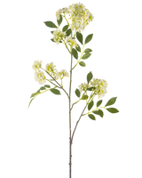 La Fleur Artificielle Carotte Sauvage 102 cm crème a une seule tige haute avec des bouquets de petites fleurs crème et plusieurs feuilles vertes dentelées sur fond blanc.